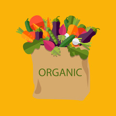 100 percent natural, organic on a paper bag full of fresh vegetables. Concept of diet, vegetarian, vegan. Grocery delivery concept. Vector isolated illustration