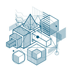 Lines and shapes abstract vector isometric 3d background. Layout of cubes, hexagons, squares, rectangles and different abstract elements.