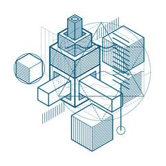 Isometric linear abstract vector background, lined abstraction. Cubes, hexagons, squares, rectangles and different abstract elements.