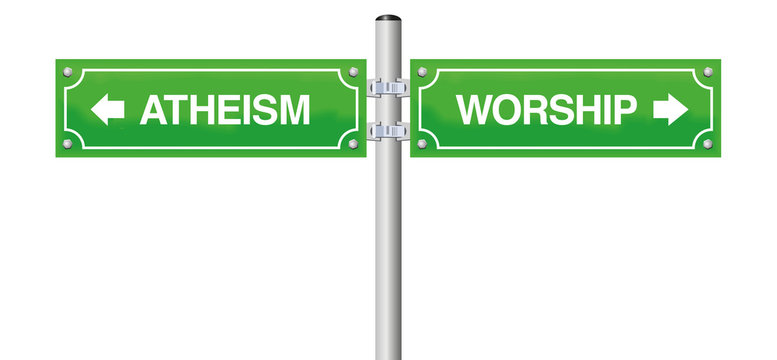 ATHEISM and WORSHIP guidepost - symbol for the choose between religious life or the decision not to believe in god or any religion or church.