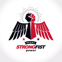 Vector illustration of a clenched fist raised up. Boxing club abstract emblem can be used as tattoo.