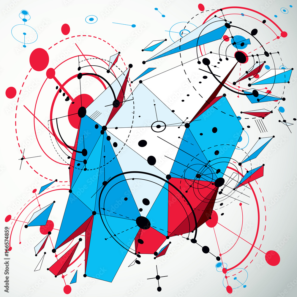Poster technology 3d vector drawing with low poly demolished geometric object and wireframe, technical wall