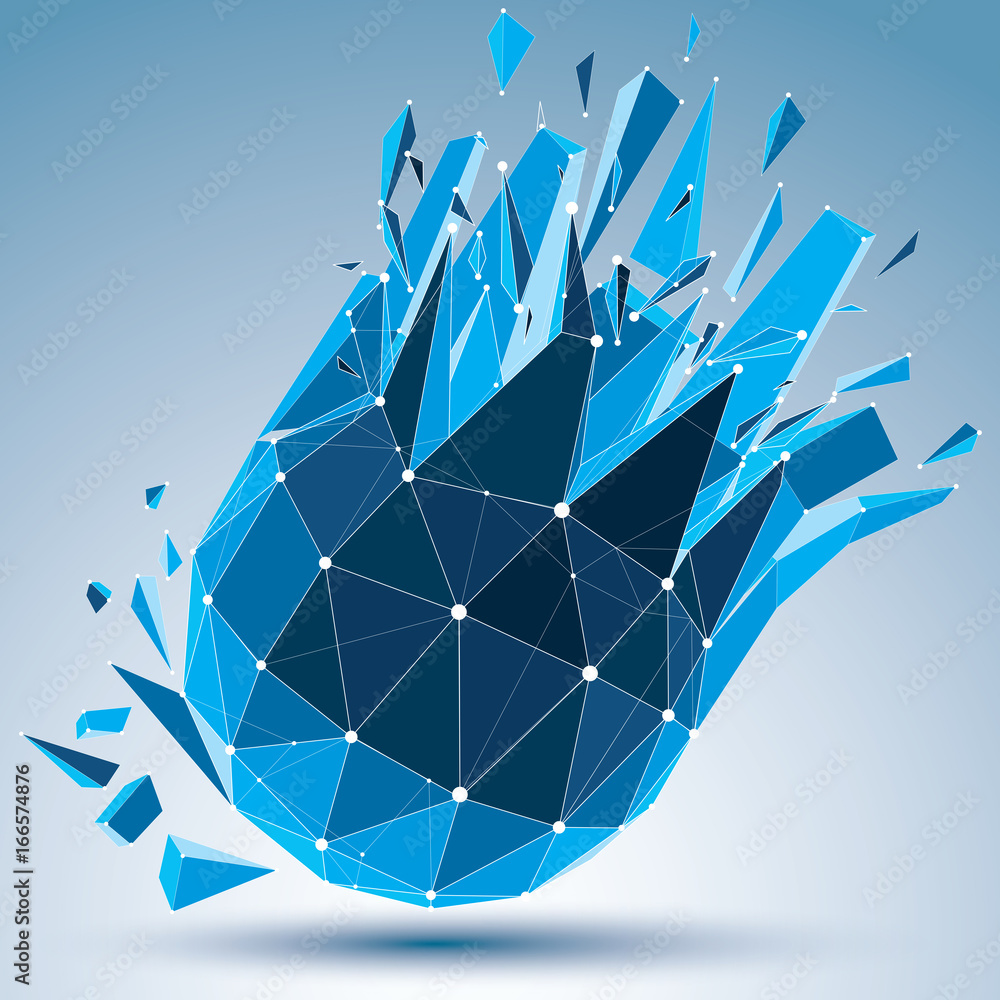 Poster 3d vector digital wireframe spherical object broken into different particles and fragments, geometri