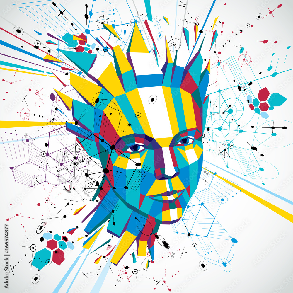 Aufkleber 3d vector low poly portrait of a smart woman, human thoughts metaphor. artistic background made usin