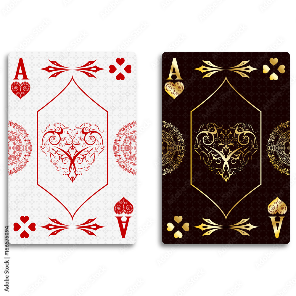 Sticker Ace of hearts in classic red and golden color. Vector illustration.