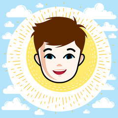 Boy face, human head. Vector character, happy red-haired teenager with stylish haircut.