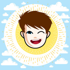 Boy face, vector human head illustration. Redhead kid winking.