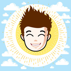 Boy face, human head. Vector character, happy red-haired teenager with stylish haircut.