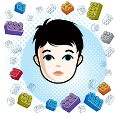 Cute boy face, human head. Vector brunet character, toddler face features, clipart.