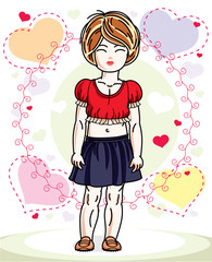 Little redhead cute child in wearing different casual clothes and standing on colorful backdrop with hearts. Vector illustration of nice girl.