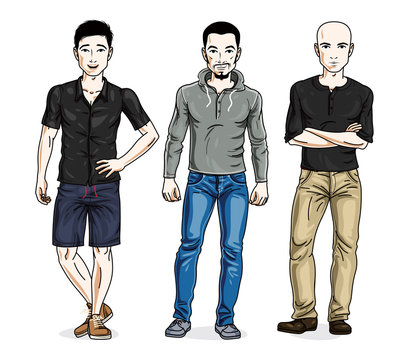 Confident handsome men standing wearing fashionable casual clothes. Vector characters set. Lifestyle theme male characters.