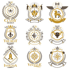 Vintage decorative heraldic vector emblems composed with elements like eagle wings, religious crosses, armory and medieval castles, animals. Collection of classy symbolic illustrations.