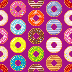 Seamless background with colorful donuts with glaze and sprinkles. Textile rapport.