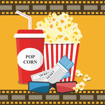 Vector illustration. Popcorn and drink. Film strip border. Cinema movie night icon in flat design style. Bright background.