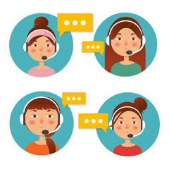 Call center operator icon with headset. Female call center avatar. Client service and communication concept. Vector