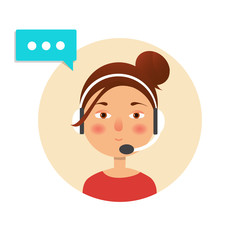 Call center operator icon with headset. Female call center avatar. Client service and communication concept. Vector