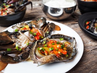 Soy sauce marinated crab with rice and kimchi Korean food