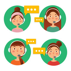 Call center operator icon with headset. Female call center avatar. Client service and communication concept. Vector
