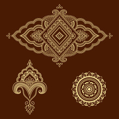 Henna tattoo flower template. Mehndi style. Set of ornamental patterns in the oriental style.
