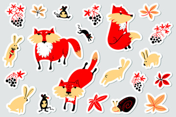 Tags with animals and florals in children's style. Illustration with fox,