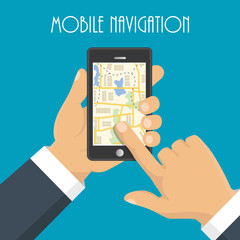Vector illustration. Map. The concept of navigation, delivery. Hand holding a phone and indicates the location on the map.