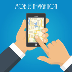 Vector illustration. Map. The concept of navigation, delivery. Hand holding a phone and indicates the location on the map.