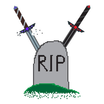 Pixel illustration for the game over screen with swords that crossed behind the grave. Light sword is broken, darkness won. Picture for computer or console game