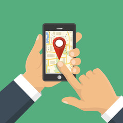 Vector illustration. Map. The concept of navigation, delivery. Hand holding a phone and indicates the location on the map.