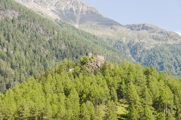 Susch, Dorf, Bergdorf, Ruine, Fortezza, Engadin, Unterengadin, Wanderweg, Waldweg, Lärchenwald, via Engiadina, Sommer, Graubünden, Schweiz