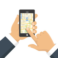 Vector illustration. Map. The concept of navigation, delivery. Hand holding a phone and indicates the location on the map.