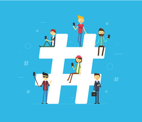 Hashtag concept illustration of young people using mobile tablet and smartphone