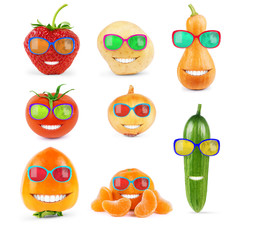 Fruits and vegetables in sunglasses on a white background, large set