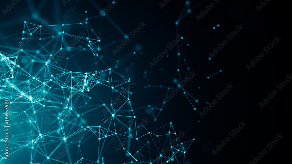 Poster abstract connected dots on bright blue background. technology backdrop with depth of field. 3d rende