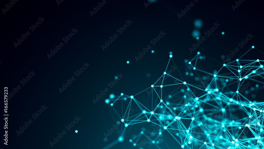 Poster abstract connected dots on bright blue background. technology backdrop with depth of field. 3d rende