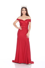 Fototapeta premium Miss Pageant Contest in Evening Ball Gown long ball dress with Diamond Crown, fashion make up hair style