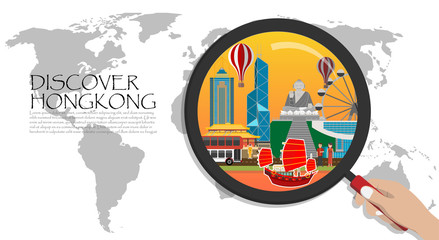 Obraz premium Travel infographic. China infographic . discover China;World Map with Magnifying Glass,hand holding magnifying glass,Discover Hongkong concept.