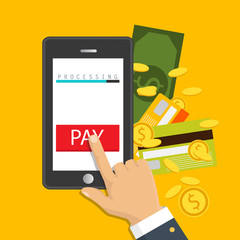 Vector illustration. Mobile payment concept. Hand holding a phone. Smartphone wireless money transfer. Flat design.