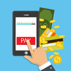 Vector illustration. Mobile payment concept. Hand holding a phone. Smartphone wireless money transfer. Flat design.