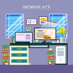 Vector workplace with computer desk, books, computer, desk lamp, calendar, pictures. Vector illustration, postcard, poster.