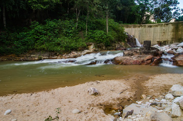 Obraz premium beautiful motion effect of tropical river stream surrounded by green forest in the park