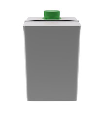 3D realistic render of milk, juice or cream small carton. Green lid. White background. Clipping path. Empty template for your design. Back side.