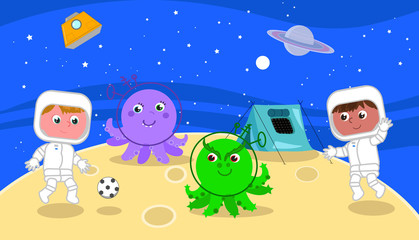 Fototapeta premium Spacemen playing soccer with cartoon aliens