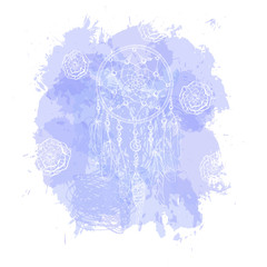 Abstract watercolor spot background with Dreamcatcher and flowers. Splash texture background isolated on white background.