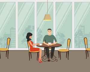 Couple in the cafe. There is a young woman and a man, sitting at the table on a window background in the picture. Vector flat illustration.