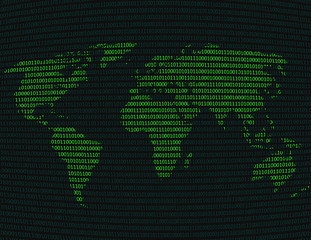 Fototapeta na wymiar Image of a flat world map against a background of binary code