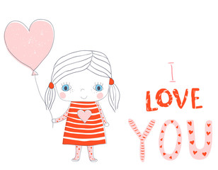 Vector greeting card for Valentines day with cute girl holding a balloon in the shaped of a heart and with I love you text in pink and red colors
