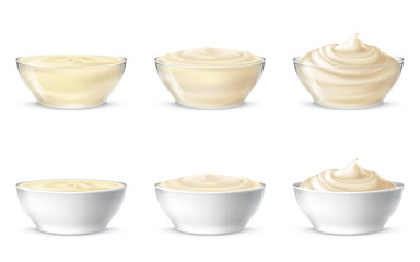 Set vector illustration of mayonnaise, sour cream, sauce, sweet cream, yogurt, cosmetic cream for face and body, swirling in a transparent and white bowl, in realistic style, isolated. Print, template