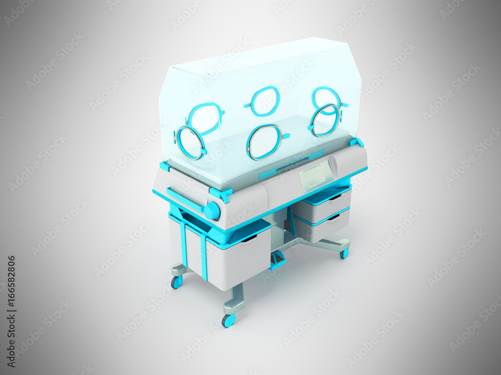 Fototapete incubator for newborns light blue 3d rendering on gray background