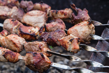 BBQ meat on grill in green summer garden