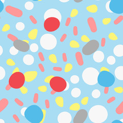 Colorful abstract seamless pattern for children. Rounded shapes drawn by hand. Blue, white, yellow, red, gray color.